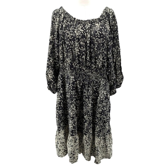 Knox Rose Dresses & Skirts - Knox Rose Floral Midi Dress Black Boho Peasant Smocked Long Sleeve Size L